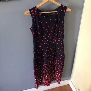 Navy Blue Sheath dress with red & white polkadots